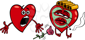 Cartoon Illustration of Terrified Male Heart and Female Heart in Cosmetic Mask and Hair Rollers on Valentine Day