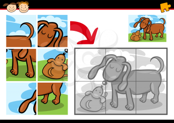 Cartoon Illustration of Education Jigsaw Puzzle Game for Preschool Children with Funny Dog Mum and Puppy