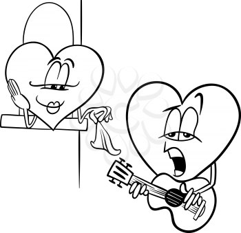 Black and White Cartoon Illustration of Heart Troubadour Character singing Love Song on Valentine Day for Coloring Book