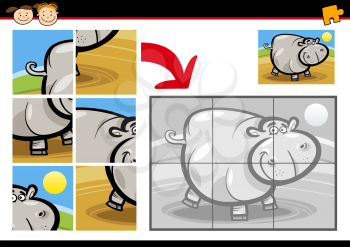 Cartoon Illustration of Education Jigsaw Puzzle Game for Preschool Children with Funny Hippo