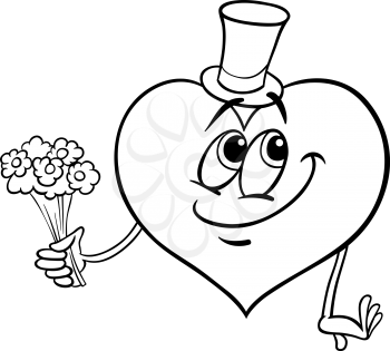 Black and White Cartoon Illustration of Happy Heart Character in Love with Flowers for Coloring Book