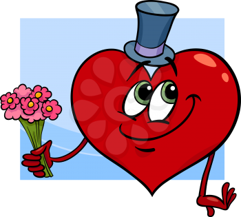 Cartoon Illustration of Happy Heart Character in Love with Flowers