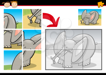 Cartoon Illustration of Education Jigsaw Puzzle Game for Preschool Children with Funny Elephant Animal