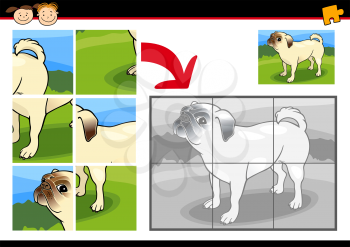 Cartoon Illustration of Education Jigsaw Puzzle Game for Preschool Children with Funny Pug Dog
