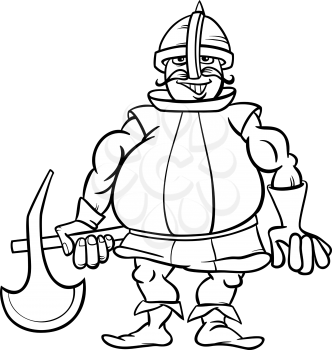 Black and White Cartoon Illustration of Funny Knight with Axe for Coloring Book