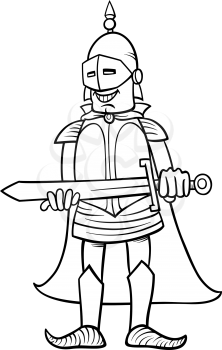 Black and White Cartoon Illustration of Knight in Armor with Sword for Coloring Book