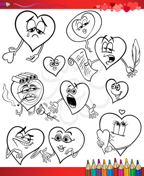 Valentines Day and Love Themes Collection Set of Black and White Cartoon Illustrations with Hearts for Coloring Book