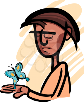 Royalty Free Clipart Image of a Man Looking at a Butterfly in His Hand