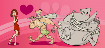 Royalty Free Clipart Image of a Caveman With a Mammoth Walking Towards a Woman