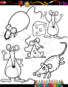 Coloring Book or Page Cartoon Illustration Set of Black and White Rodent Animals like Mice and Rats Mascot Characters for Children
