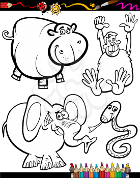 Coloring Book or Page Cartoon Illustration Set of Black and White Wild Animals Mascot Characters for Children