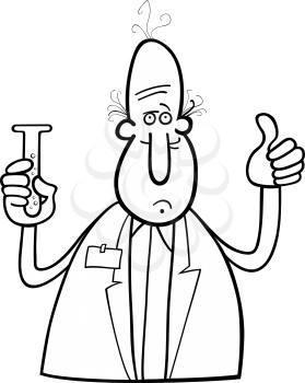 Black and White Cartoon Illustration of Funny Scientist with Vial for Coloring Book