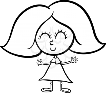 Black and White Cartoon Illustration of Cute Happy Little Girl for Coloring Book