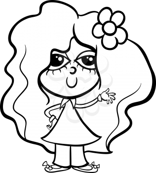 Black and White Cartoon Illustration of Cute Beautiful Little Girl for Coloring Book