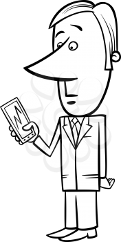 Black and White Concept Cartoon Illustration of Man or Businessman looking at Graph on his Phone or Tablet