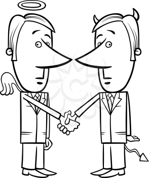 Black and White Concept Cartoon Illustration of Angel and Devil Businessmen or Politicians Shaking Hands