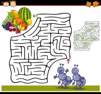 Cartoon Illustration of Education Maze or Labyrinth Game for Preschool Children with Funny Ants and Fruits