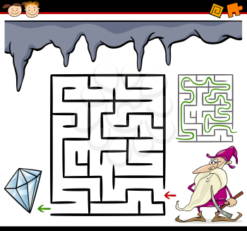 Cartoon Illustration of Education Maze or Labyrinth Game for Preschool Children with Funny Dwarf in Mine and Diamond Gem