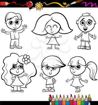 Coloring Book or Page Cartoon Illustration Set of Black and White Cute Little Children Characters