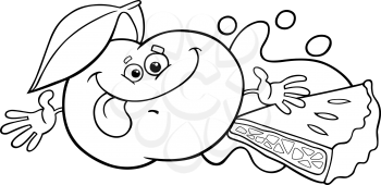 Black and White Cartoon Illustration of funny Green Apple Character with Pie for Coloring Book