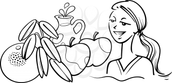 Black and White Cartoon Illustration of Cute Young  Woman with Fruits Milk and Oat