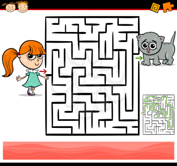 Cartoon Illustration of Education Maze or Labyrinth Game for Preschool Children with Cute Little Girl and Baby Kitten