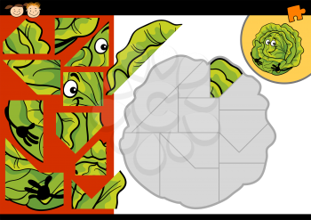Cartoon Illustration of Education Jigsaw Puzzle Game for Preschool Children with Funny Cabbage Character