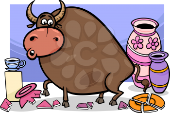 Cartoon Humor Concept Illustration of Bull in a China Shop Saying