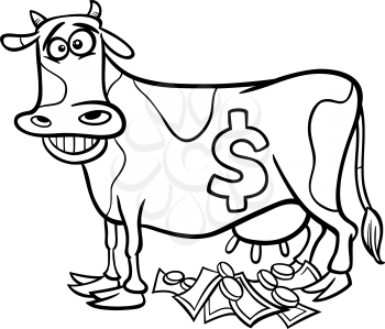 Black and White Cartoon Concept Illustration of Cash Cow Saying for Coloring Book