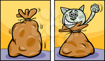 Cartoon Concept Illustration of Let The Cat Out of The Bag Saying