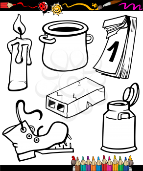 Coloring Book or Page Cartoon Illustration Set of Black and White Objects Clip Arts for Children