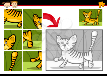 Cartoon Illustration of Education Jigsaw Puzzle Game for Preschool Children with Funny Tiger Animal