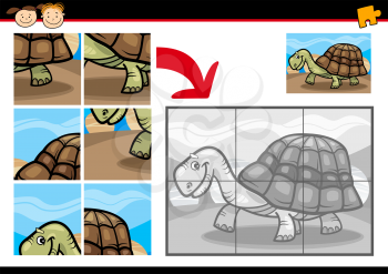 Cartoon Illustration of Education Jigsaw Puzzle Game for Preschool Children with Funny Turtle Animal