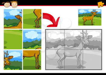 Cartoon Illustration of Education Jigsaw Puzzle Game for Preschool Children with Funny Deer Animal