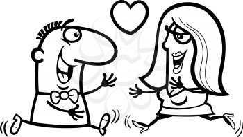 Black and White Valentines Day Cartoon Illustration of Happy Couple in Love for Coloring Book