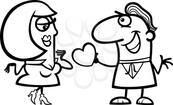 Black and White Valentines Day Cartoon Illustration of Cute Couple in Love for Coloring Book