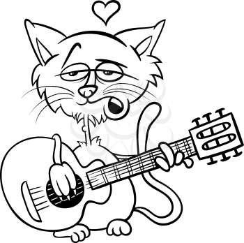 Black and White Valentines Day Cartoon Illustration of Funny Cat in Love Playing the Guitar and Singing for Coloring Book