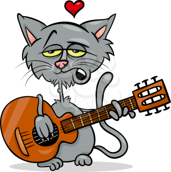Valentines Day Cartoon Illustration of Funny Cat in Love Playing the Guitar and Singing