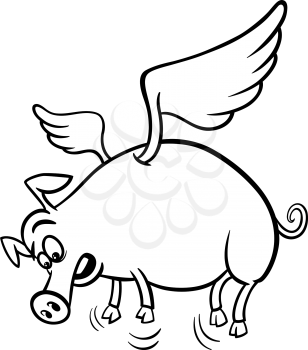 Black and White Cartoon Concept Illustration of When Pigs Fly Saying for Coloring Book