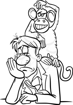 Cartoon Humor Concept Illustration of Monkey on your Back Saying or Proverb
