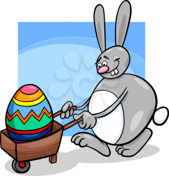Cartoon Illustration of Funny Easter Bunny with Big Egg on Wheelbarrow