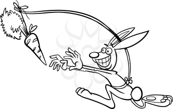 Black and White Cartoon Humor Concept Illustration of Dangling A Carrot Saying or Proverb for Coloring Book