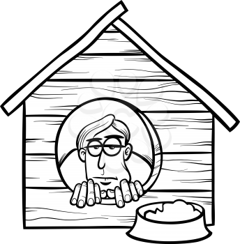 Black and White Cartoon Humor Concept Illustration of In The Dog House Saying or Proverb for Coloring Book