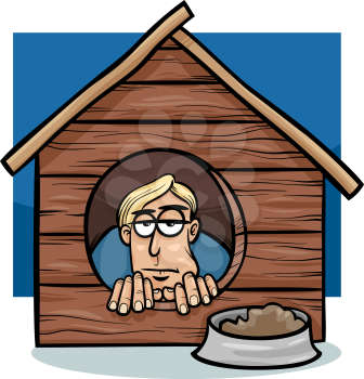 Cartoon Humor Concept Illustration of In The Dog House Saying or Proverb