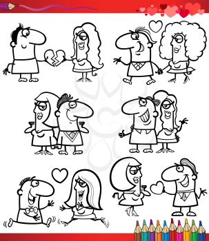 Valentines Day and Love Themes Collection Set of Black and White Cartoon Illustrations with Couples Romancing for Coloring Book