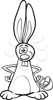 Black and White Cartoon Illustration of Funny Easter Bunny with Eggs in the Basket for Coloring Book