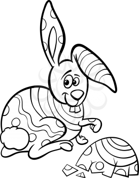 Black and White Cartoon Illustration of Funny Easter Bunny which was Hatched from an Egg for Coloring Book