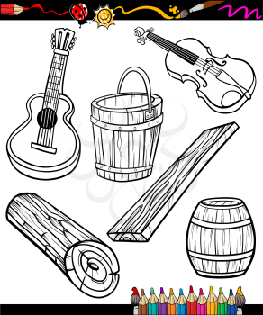 Coloring Book or Page Cartoon Illustration Set of Black and White Wooden Objects for Children