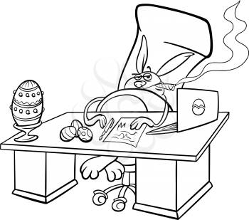 Black and White Cartoon Concept Humor Illustration of Funny Easter Bunny Businessman in his Office