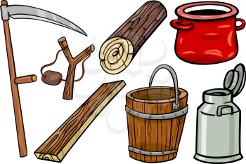 Cartoon Illustration of Country Retro and Obsolete Objects Clip Art Set